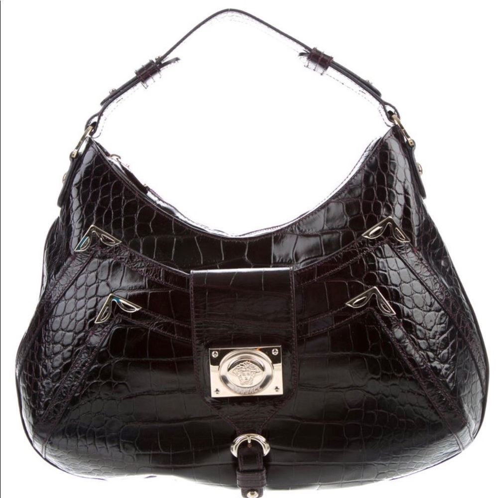 Versace Black Croc-Embossed Hobo Bag